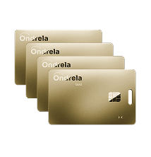 Quatro cart&otilde;es localizadores Ondrela dourados empilhados &mdash; o pack mais popular